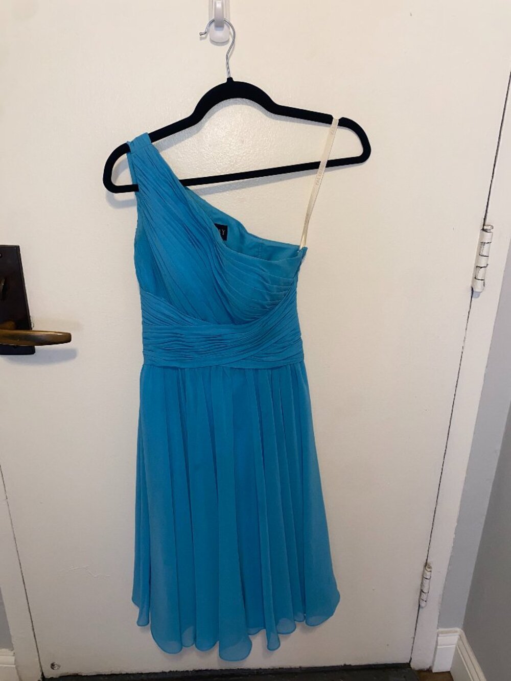 Bari Jay Turquoise One Shoulder Midi Bridesmaid Dress